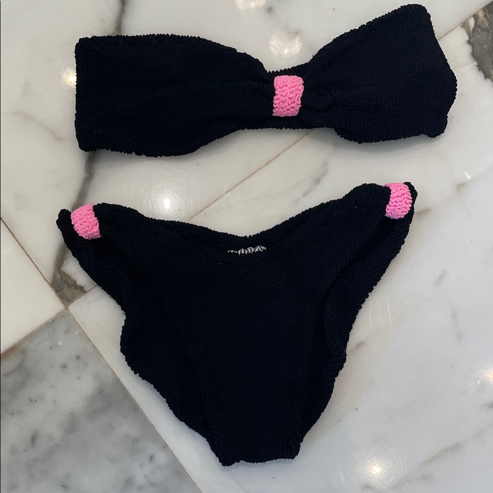 Hunza G Black Textured Bikini with Pink Accent